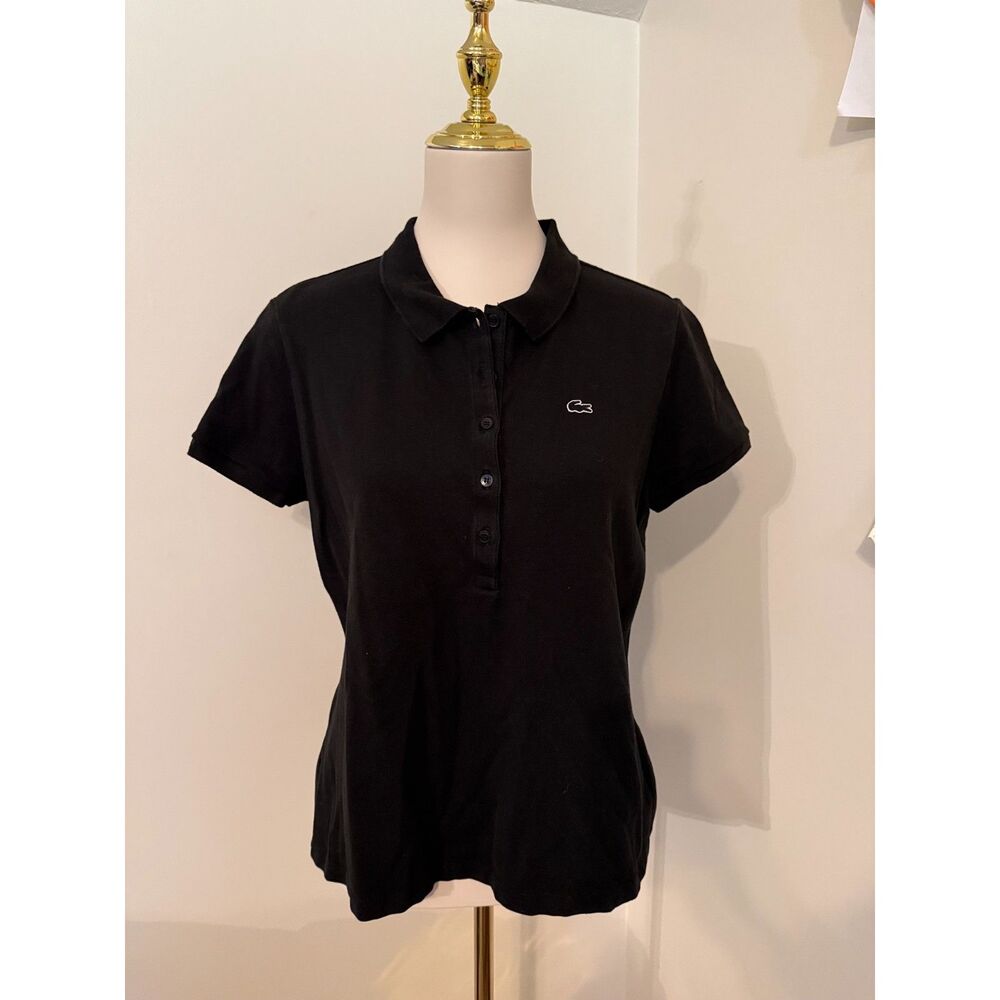 Lacoste Women’s Black Stretch Pique Polo Shirt Size 46 XL Crocodile Logo